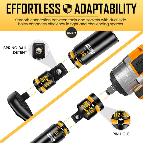 8-Piece Set, 1/4, 3/8, 1/2", 3/4", BOEN Impact Socket Adapter & Reducer Cr-Mo Steel Impact Driver & Wrench Conversion