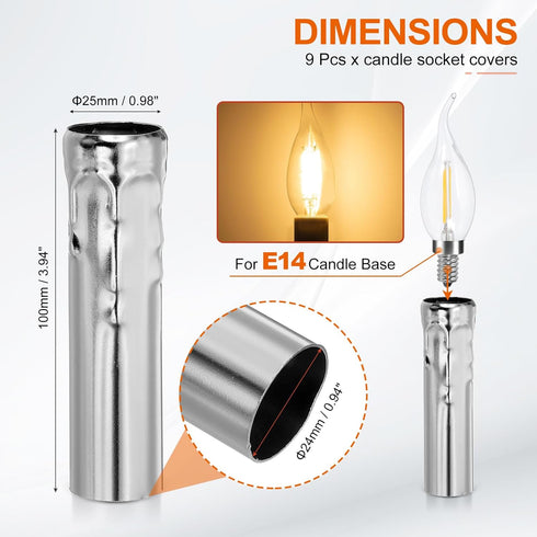 3.94 9 E14 Bulb PATIKIL Tall Candle Covers Sleeves, Pcs Metal Chandelier Socket Sleeves with Dripping Candelabra Base