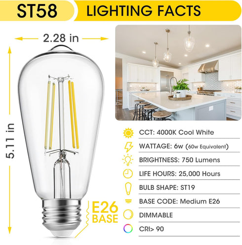 Edison Light Bulbs 60W Equivalent, Dimmable Vintage LED Light Bulbs, E26 Medium Base, Cool White 4000K, ST58, 6W, 750LM, 90+ CRI, Antique Decorative Filament LED Bulb, Clear Glass, 8 Pack by Gozelux