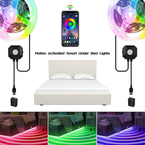 2x9.84ft 5050 Dimmable Motion Activated Under Bed Lights, RGB Color Changing LED Strip Lights with Sensor, APP Control