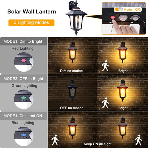 3 2 Solar Wall Lights Outdoor with Lighting Modes & Motion Sensor, Dusk to Dawn LED Wall Lantern Porch Sconce