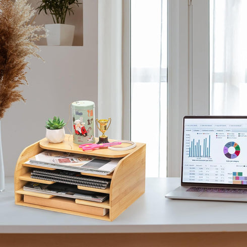 Jucoan Bamboo Countertop File Organizer, 4 Slot Vertical Wall Mounted Holder for Documents, Magazine Folder for Home