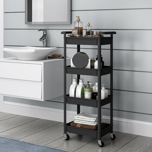 4 STEEHOOM Tier Rolling Cart with Handle, Utility Cart with Table Top Easy Assembly Bathroom Storage Cart on Wheels