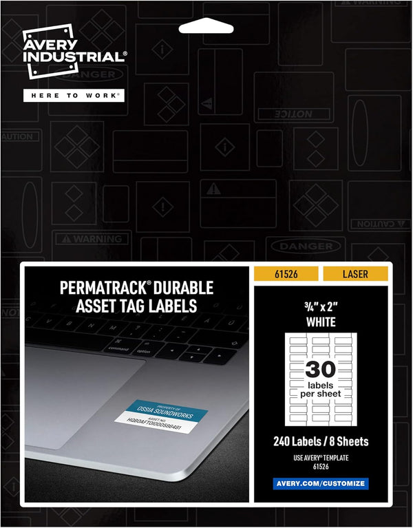 Avery White Asset Tag Labels, 3/4" x 2", 240 Waterproof Laser Printable Tags (61526)