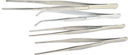 4Pcs 304 Stainless Steel Tweezers: 6" 7" 8" 10" with Precision Serrated Tips for Jewelry, Crafts, and Cooking.