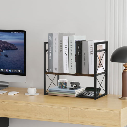 YINMIT Desktop Shelf Organizer - 2 Tier Wood Desk Storage Rack and Freestanding Display Shelf for Office, Home,