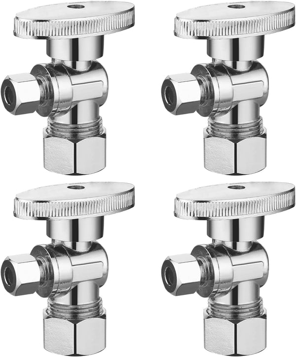 4 Pack Angle Stop Valve 1/2" Nominal Comp x 3/8" OD Comp, Chrome Plated Brass