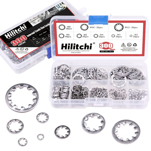 Hilitchi 300-Pcs 304 Stainless Steel Internal Tooth Star Lock Washers Assortment Set - 8 Sizes Included: M2 M3 M4 M5 M6