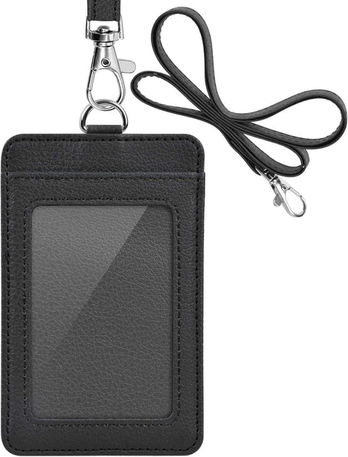 PU Leather ID Badge Holder, Life-Mate ID Badge Holder with Clear ID Window, Credit Card Slot, Black Lanyard