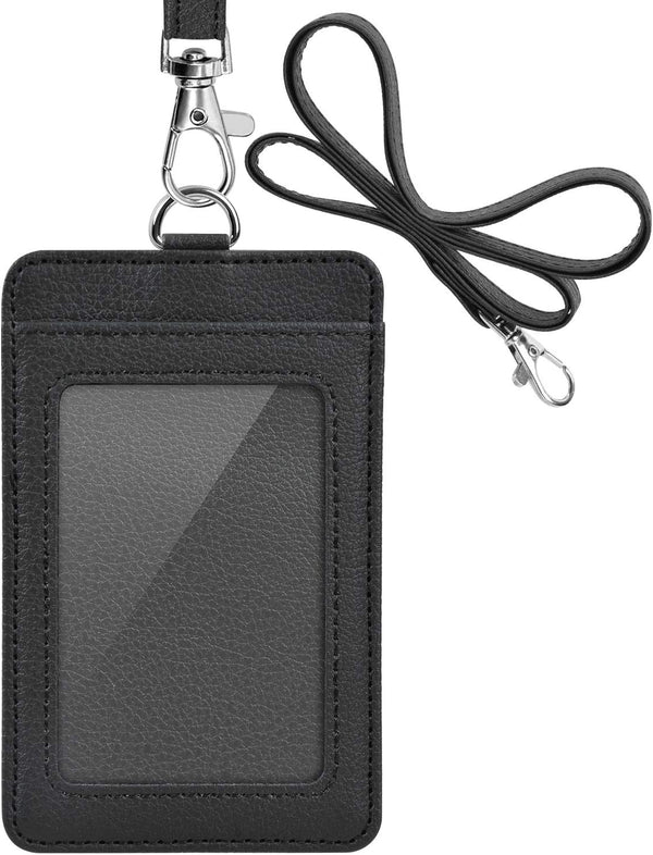 PU Leather ID Badge Holder, Life-Mate ID Badge Holder with Clear ID Window, Credit Card Slot, Black Lanyard