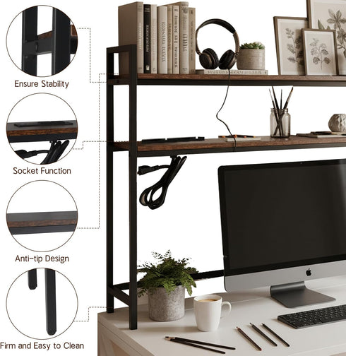 Rotulark 38.5" 2-Tier Desk Shelf with Outlets, Adjustable Multipurpose Engineered Wood Organizer Desk Hutch, Office