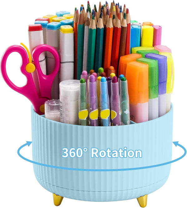Marbrasse Desk Organizer - 360-Degree Rotating Pen Holder with 5 Compartments for Office, Home Art Supply Storage Box