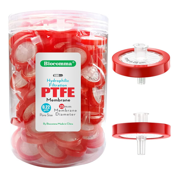 Syringe Filters PTFE Membrane, Hydrophilic Filtration 0.22um Pore Size (25mm, 100)