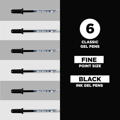 SAKURA Gelly Roll Gel Pens - Fine Point Ink Pen for Journaling, Art, or Drawing, Classic Black Ink, 6 Pack