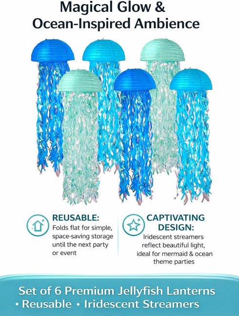 Novobuys 10" Pack 6 Jellyfish Lanterns Hanging Jellyfish Paper Lanterns, Blue Jelly Fish Decoration for Under the Sea