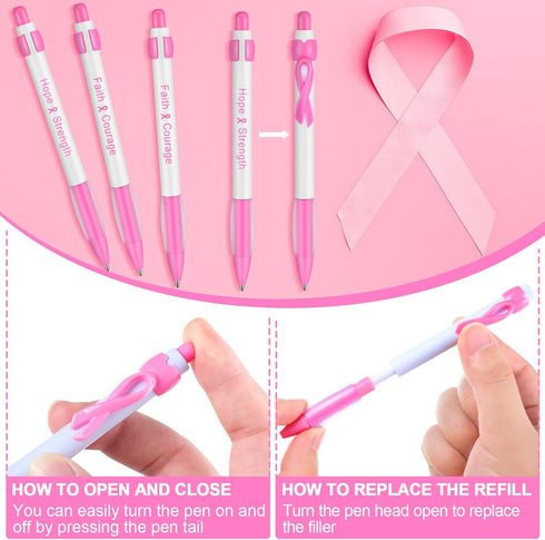 Teling 100 Pcs Breast Cancer Awareness Pink Ribbon Retractable Pens, Bulk Gel Ballpoint Pens for Women, Office Supplies