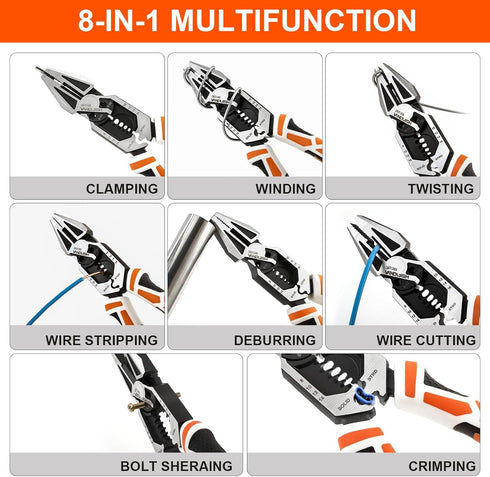 Vanquish 8-in-1 Multifunctional Lineman Pliers, 8 Wire Cutter with Wire Stripper/Crimper Function for Cutting, Clamping
