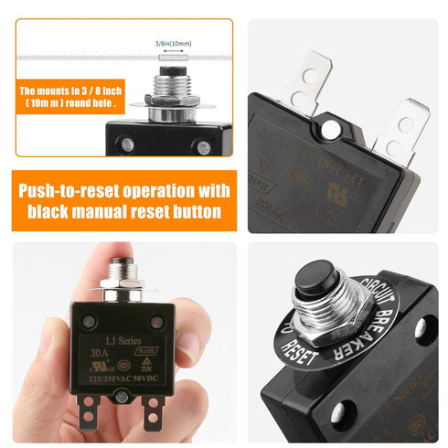 10A Manual Reset Button Circuit Breaker, 2 Pack, 125/250V AC, 50V DC, Thermal Overload Protector