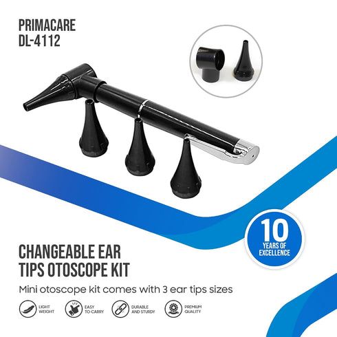 DL-4112 3 PrimaCare Mini Diagnostic Otoscope Kit with High Resolution LED Ear Light, Medical LED Pocket Clip Otoscope