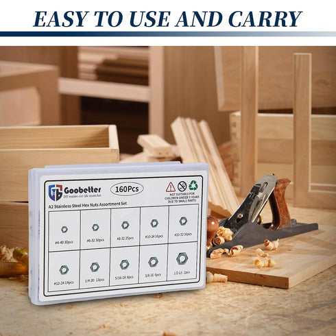 GOOBETTER 160PCS 304 4#40 6#32 8#32 10#24 10#32 12#24 1/4-20 5/16-18 3/8-16 1/2-13, SAE Hex Nuts Assortment Kit