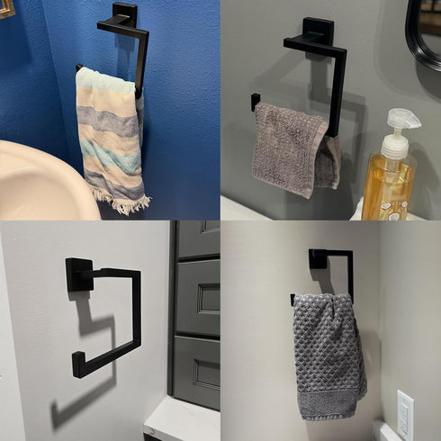 Matte Black Square Towel Ring, Multifunctional Toilet Paper and Hand Towel Holder for Bathroom Wall Mount, Stainless