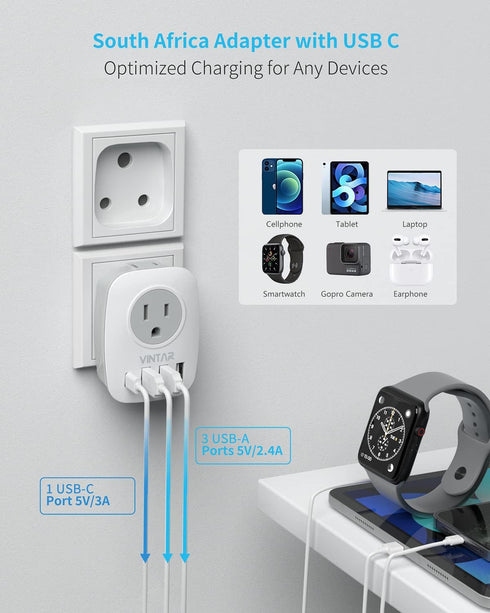 VINTAR South Africa Power Adapter, Type M Plug Adapter with 1 USB C, 3 USB Ports, 6 in 1 Travel Plug