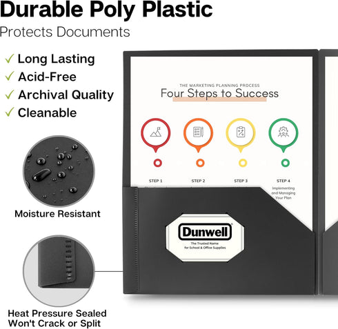 Dunwell Plastic Folders with Pockets (Black, 3 Pack), Durable Acid-Free Poly 2 Pocket Folders for School or Office