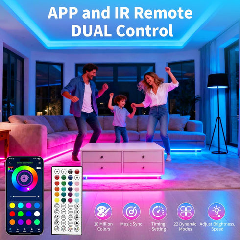 LCTKJTP Decorations(65FT-1Roll) LED Strip Lights,RGB Music Sync Color Changing Led Lights with Smart App Control Remote