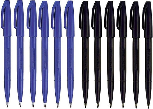 Pentel Sign Felt Tip Pens - Fiber-tipped, Box of 12 Felt Pens, 6 Blue and 6 Black Ink