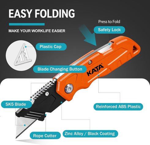 10pcs 2-Pack KATA Folding Box Cutter Knives - Heavy Duty Utility Knife Box Cutters with Extra Razor Blades - Pocket