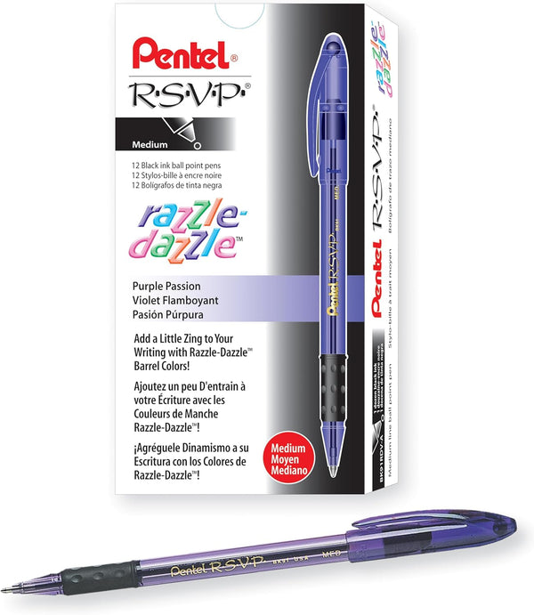 Pentel RSVP Razzle-Dazzle Ballpoint Pen, 1.0mm Medium Line, Violet Barrel, Black Ink, Box of 12 (BK91RDV-A)