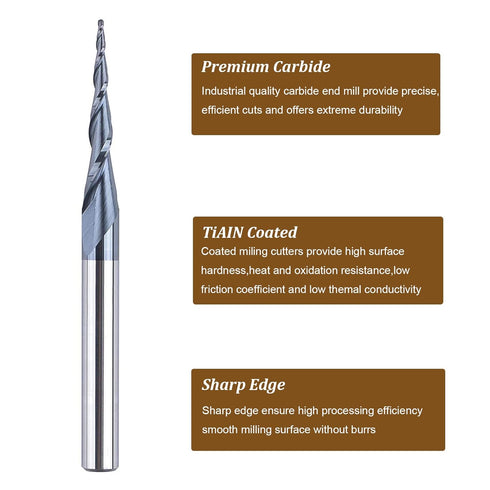 SpeTool Tapered Ball Nose Spiral Router Bit, 1.0mm Tip Diameter (0.5mm Radius) 4.82 Deg for CNC Milling Engraver