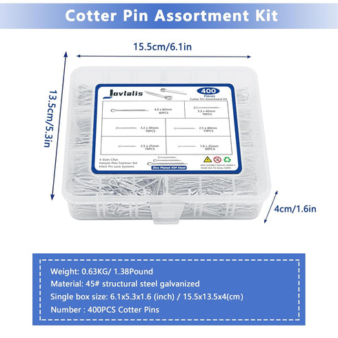 Cotter Pin Assortment, 400PCS Zinc Plated Steel Hairpin Cotter Pins, Split Pin Fastener Clips for Castle Nuts