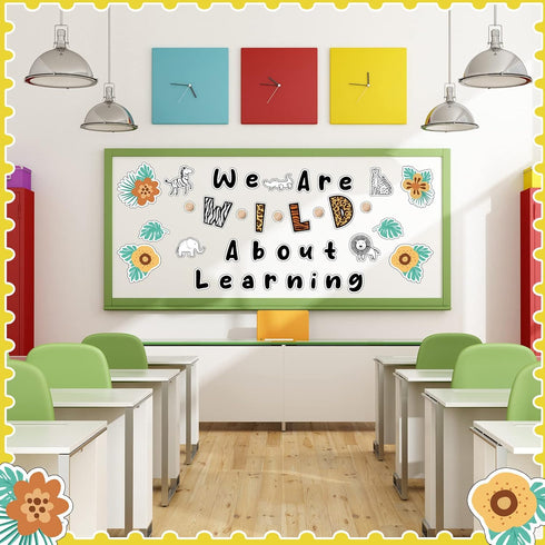 Ctosree 134 Pcs Safari Bulletin Board Set - We are Wild about Learning with Leaf Flower Wood Bead Animals Cutouts