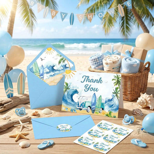 Yuzioey 50 Pack 4x6 Summer Surfing Thank You Cards, Wave Beach Thank You Notes with Matching Envelopes & Stickers