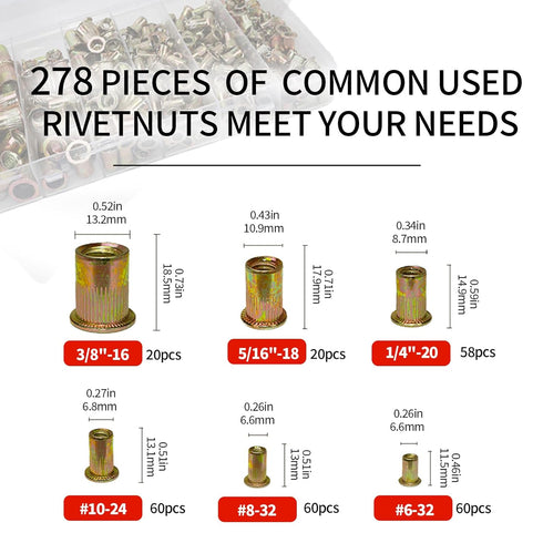 ieWeny Kit(278Pcs), 1/4"-20, 3/8"-16, 5/16"-18, #10-24, #8-32, #6-32UNC Set, Rivet Nut Assortment SAE Carbon Steel