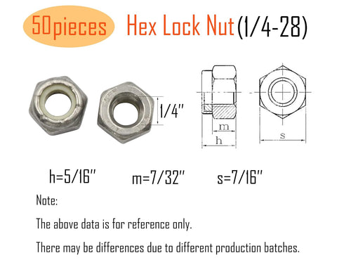 LBY 50pcs 1/4-28 304 Lock Nuts, Nylon Insert Hex Lock Nuts, Stainless Steel (Silver)