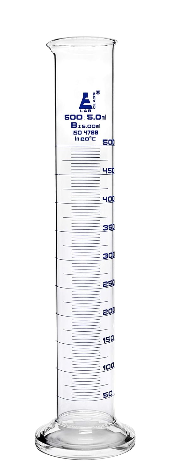 EISCO Graduated Cylinder, 500ml Class B, Tolerance ±5.00ml, Round Base, Blue Graduations, Borosilicate Glass