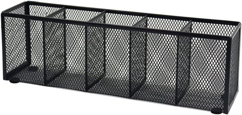 Black Mesh Pen Pencil Holder, Small Metal Desk Organizer with 5 Compartments for Office Supplies, Home, School,