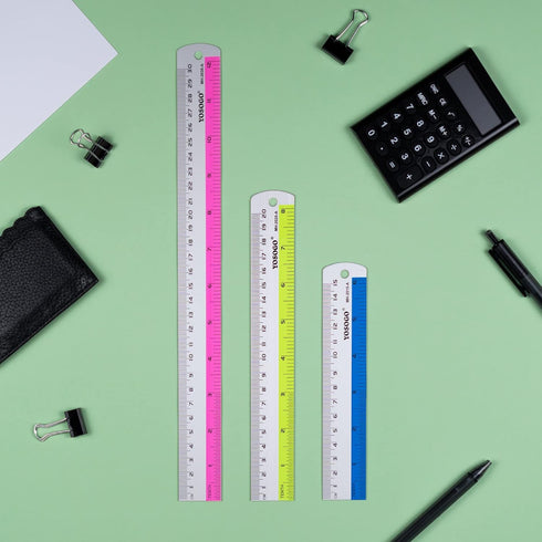Set of 3 Aluminum Rulers, 6”, 8”, 12” in Inch and cm Scale, Random Color