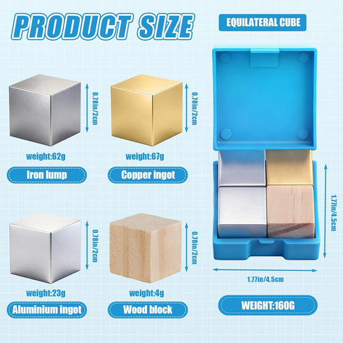4 Set 20mm/0.78 Inch Pcs Density Cubes Copper, Iron, Aluminum and Wood, Density Metal Block Cube for Physics Science
