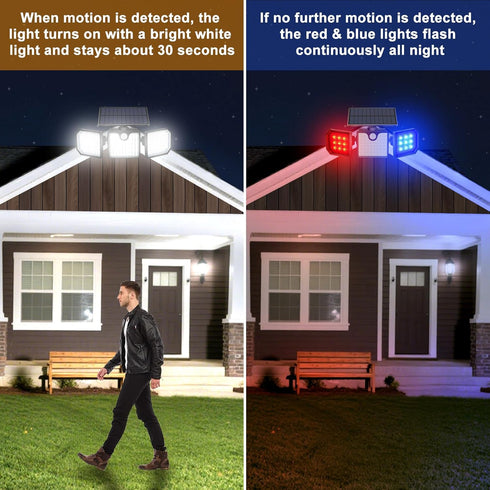 IP65 Aolyty Solar Motion Sensor Lights - Waterproof Solar Strobe Wall Lights - Bright White/Red & Blue Flashing