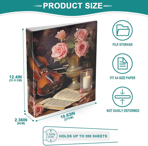 Vintage Music Roses 3 Ring Binders, 1.5 Inch Round Rings, Holds 200 Sheets, Anti-Slip Metal Clip