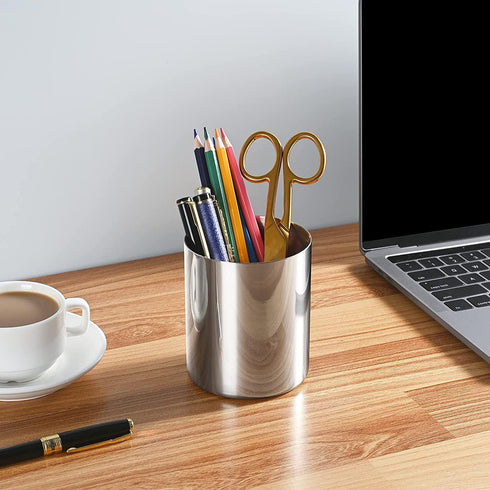 SUS304 Stainless Steel Silver Pen Holder for Desk, Heavy Duty Cylinder Pencil Holder Stand, Desktop Stationery Organizer