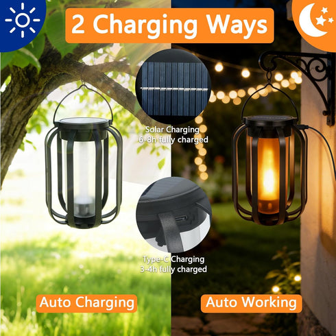 2 Pack 4 (New) Solar Lanterns Lights, Solar Lights Outdoor with Flickering Flame, Modes Waterproof Hanging Lantern