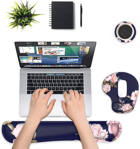 MOSISO Wrist Rest Support for Mouse Pad&Keyboard Set, Curved Peony Ergonomic Mousepad&Coaster Non-Slip Base Home/Office Pain Relief&Easy Typing Cushion with Neoprene Cloth&Raised Memory Foam, Blue