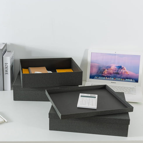Set of 3 Soul & Lane Charcoal Black Kraft Paper Storage Boxes with Lids - Decorative Nesting Organizers for Office