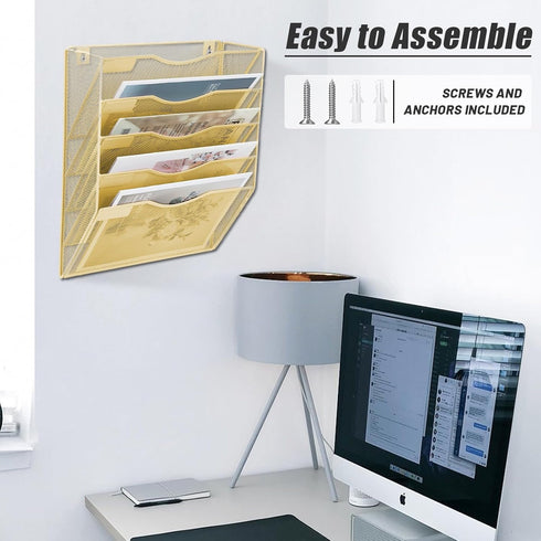 EASEPRES 5 Pocket Mesh Hanging Wall File Organizer, Wall Mounted Document Holder for Office Home