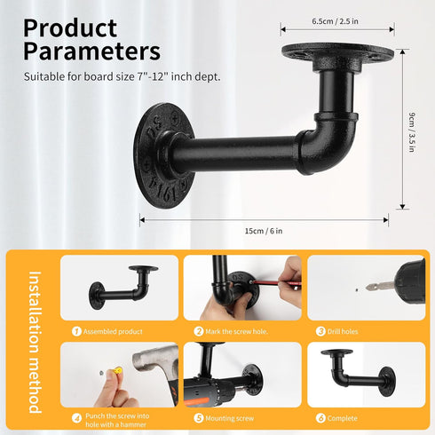 1/2" Set 2(3.5X6) Pipe Shelf BracketWall Mounted Floating Shelf Bracket, Steam Punk Decor Hanging Wall Metal Bracket