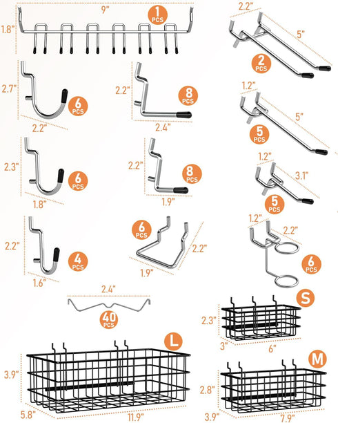INCLY 1/4" Extra Thick Pegboard Accessories Kit, 100PCS Heavy Duty Metal Hooks & Baskets for Garage Organizer